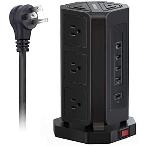 Power Strip Tower NVEESHOX Surge Protector 9 AC Outlets with 4 USB & 1 USB-C Ports 10FT/3M Widely Spaced Multi Outlets Power Strip Vertical for Home Office Cafe Dorm Room (Black)