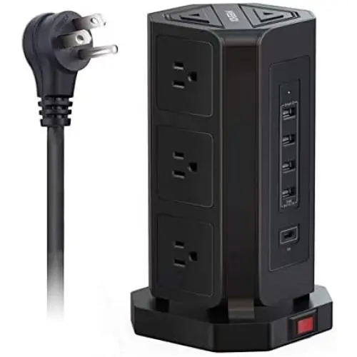 Power Strip Tower NVEESHOX Surge Protector 9 AC Outlets with 4 USB & 1 USB-C Ports 10FT/3M Widely Spaced Multi Outlets Power Strip Vertical for Home Office Cafe Dorm Room (Black)