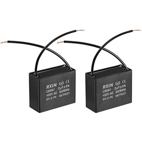 uxcell Ceiling Fan Capacitor CBB61 2uF 450V AC 2 Wires Metalized Polypropylene Film Capacitors 36.5x16x29.5mm for Water Pump Motor Generator, Pack of 2