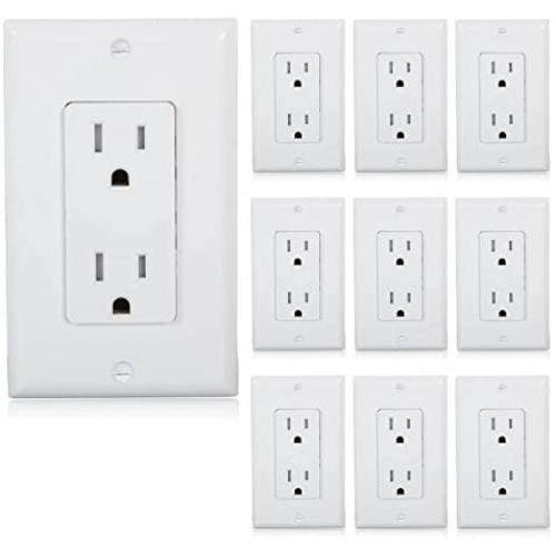 Maxxima Tamper Resistant Duplex Receptacle Standard Decorative Electrical Wall Outlet 15A White, Wall Plates Included (Pack of 10)