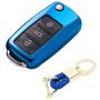 ROYALFOX(TM Luxury 2 3 Buttons Soft TPU flip Remote Key Fob case Cover for VW Volkswagen Jetta GTI Passat Golf Bora Polo Tiguan Touareg Beetle Multivan Sagitar Passat,Skoda Keychain (Blue)