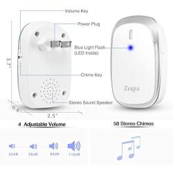 Wireless Doorbell Kit, 2 Plug-in Receivers, 2 Transmitters, 1300ft Range, 58Chimes, 4Level Sound, LED Indicator, Battery Included, Waterproof, Easy to Install, Silver, for House, Class, Office