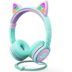FosPower Kids Headphones with LED Light Up Cat Ears 3.5mm On Ear Audio Headphones for Kids with Laced Tangle Free Cable (Max 85dB) - Teal/Light Purple