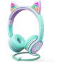 FosPower Kids Headphones with LED Light Up Cat Ears 3.5mm On Ear Audio Headphones for Kids with Laced Tangle Free Cable (Max 85dB) - Teal/Light Purple