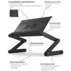WorkEZ Cool Adjustable Laptop Cooling Stand & Lap Desk Tray for Bed Couch with 2 Fans 3 USB Ports Mouse Pad. Ergonomic Aluminum Height tilt Angle MacBook Riser Portable Standing Desk Converter,Black
