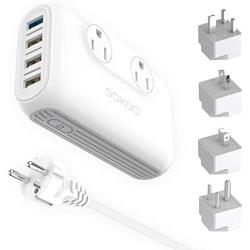 Sokoo Voltage Converter Step Down 220V to 110V, International Travel Adapter/ Power Converter Use for EU/UK/AU/US/India, More Than 150 Countries. 2 Outlet, 4 Port USB Quick Charger 3.0 White