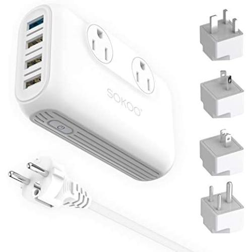 Sokoo Voltage Converter Step Down 220V to 110V, International Travel Adapter/ Power Converter Use for EU/UK/AU/US/India, More Than 150 Countries. 2 Outlet, 4 Port USB Quick Charger 3.0 White