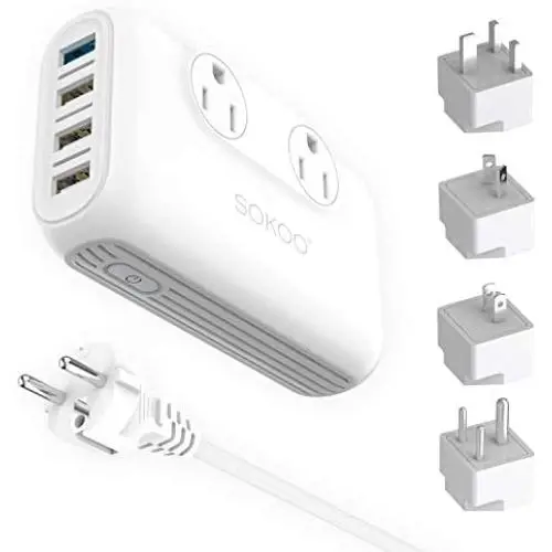 Sokoo Voltage Converter Step Down 220V to 110V, International Travel Adapter/ Power Converter Use for EU/UK/AU/US/India, More Than 150 Countries. 2 Outlet, 4 Port USB Quick Charger 3.0 White