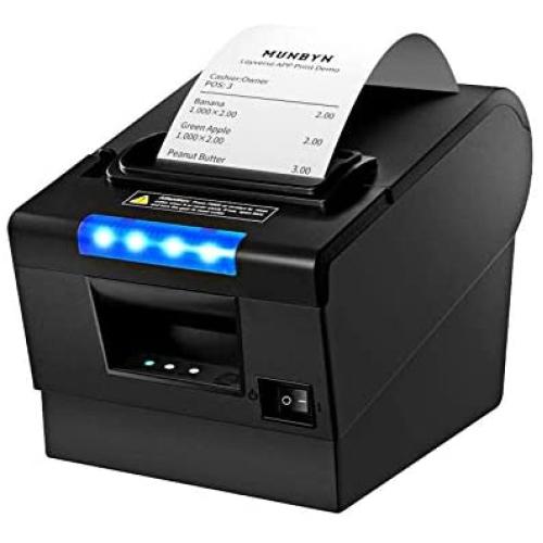 MUNBYN Receipt Printer P068, 31/8 80mm Direct Thermal Printer, POS Printer with Auto Cutter - Receipt Printer with USB Serial Ethernet Windows Driver ESC/POS RJ11 RJ12 Cash Drawer