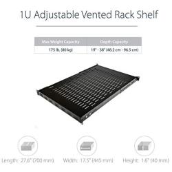 StarTech.com 1U Adjustable Vented Server Rack Mount Shelf - 175lbs - 19.5 to 38in Deep Universal Tray for 19'' AV/ Network Equipment Rack (ADJSHELF) , Black