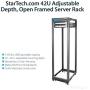 StarTech.com 42U Open Frame Server Rack - 4 Post Adjustable Depth (22'' to 40'') Network Equipment Rack w/ Casters/Levelers/Cable Management (4POSTRACK42),Black