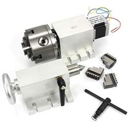 Rotational 4th Axis A axis Rotary table Fourth axis 3 Jaw Chuck Gapless harmonic reducer gearbox stepper motor K11-100mm dividing head with 65mm Tailstock for CNC Router Engraving Milling Machine