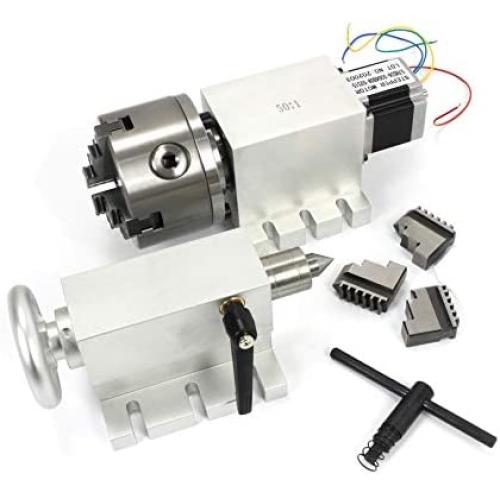 Rotational 4th Axis A axis Rotary table Fourth axis 3 Jaw Chuck Gapless harmonic reducer gearbox stepper motor K11-100mm dividing head with 65mm Tailstock for CNC Router Engraving Milling Machine