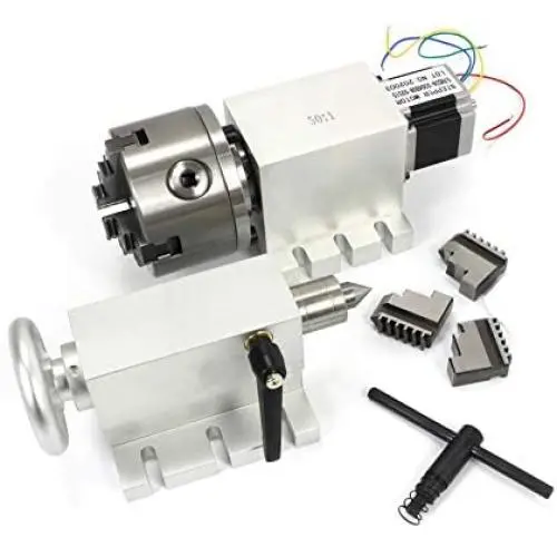 Rotational 4th Axis A axis Rotary table Fourth axis 3 Jaw Chuck Gapless harmonic reducer gearbox stepper motor K11-100mm dividing head with 65mm Tailstock for CNC Router Engraving Milling Machine