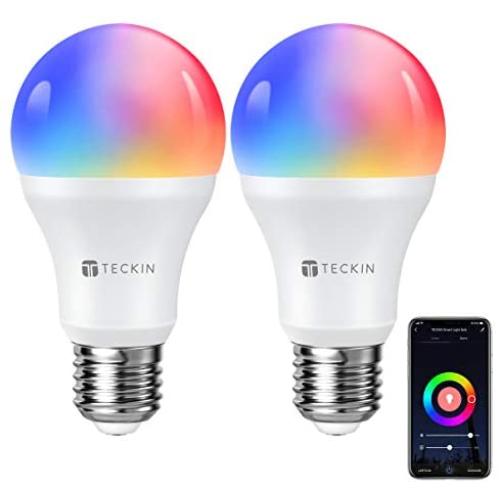 Smart Light Bulb with Soft White Light 2800k-6200k + Rgbw, TECKIN A19 E26 WiFi Multicolor Led Bulb Compatible with Phone, Google Home, 7.5w (60w Equivalent),2 Pack