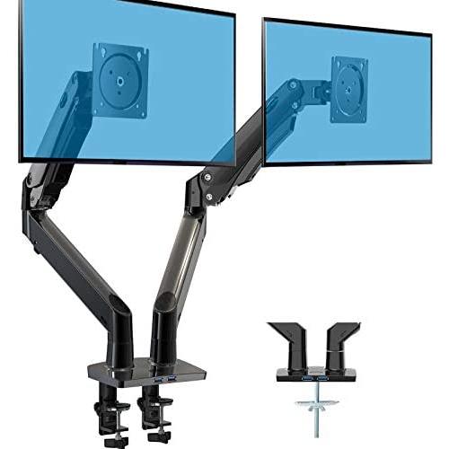 HUANUO Dual Monitor Stand - Double Gas Spring Arm Monitor Desk Mount for Two 35 inch LCD LED Screens, Height Long Adjustable VESA Mount with Clamp, Grommet Mounting Base, Hold up to 26.4lbs