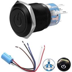 Quentacy 19mm 3/4'' Latching Pushbutton Switch 12V Power Symbol LED 1NO1NC SPDT ON/OFF Black Metal Waterproof Toggle Switch with Wire Socket Plug (White)