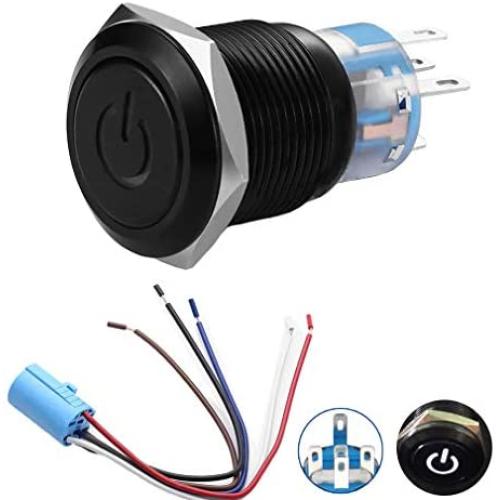 Quentacy 19mm 3/4'' Latching Pushbutton Switch 12V Power Symbol LED 1NO1NC SPDT ON/OFF Black Metal Waterproof Toggle Switch with Wire Socket Plug (White)