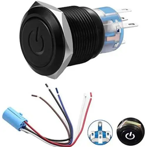 Quentacy 19mm 3/4'' Latching Pushbutton Switch 12V Power Symbol LED 1NO1NC SPDT ON/OFF Black Metal Waterproof Toggle Switch with Wire Socket Plug (White)