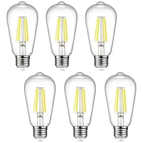 Dimmable Ascher Vintage LED Edison Bulbs, 6W, Equivalent 60W, Bright Daylight White 4000K, ST58 Antique LED Filament Bulbs, E26 Medium Base, Clear Glass, Pack of 6