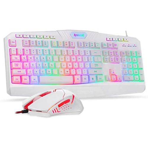 Redragon S101 Wired Gaming Keyboard and Mouse Combo RGB Backlit Gaming Keyboard with Multimedia Keys Wrist Rest and Red Backlit Gaming Mouse 3200 DPI for Windows PC Gamers (White)