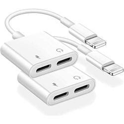 [Apple MFi Certified] 2 in 1 Dual Lightning Adapter & Splitter, 2 Pack iPhone Headphones Adapter 4 in 1 Charge+Call++Audio+Volume Control Converter Cable Compatible for iPhone 12/11/SE/XS/XR/X/8 7
