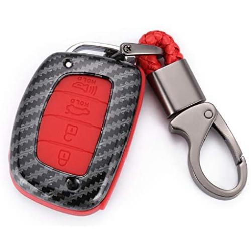 WFMJ Red Carbon Fiber + Silicone Button Smart Remote 4 Buttons Key Fob Cover Case Shell Fob for 2015 2016 2017 2018 Hyundai Elantra Sonata Tucson Santa Fe I40 IX35 I45