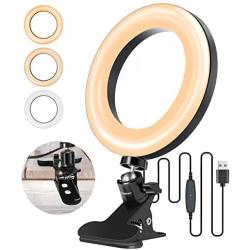 ELEGIANT 6.3'' Selfie Ring Light with Clamp Mount for Desk, Bed, Office, Video Conferencing, Makeup, YouTube, Live Steam & Broadcast, 3 Dimmable Color & 10 Brightness Level, 360 Degrees Rotatable, Warm