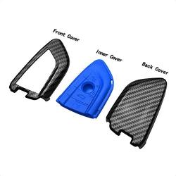 TANGSEN Smart Key Fob Case for BMW 2 5 6 7 Series X1 X2 X3 X5 X6 3 4 Button Keyless Entry Remote Personalized Protective Cover Plastic Carbon Fiber Pattern Blue Silicone