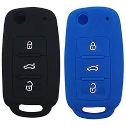 LemSa 2pcs Silicone 3 Buttons Flip Key Fob Cover Case Remote Keyless Entry Protector Holder Bag Compatible with VW Volkswagen Jetta GTI Passat Golf Tiguan Touareg Beetle, Black+Blue