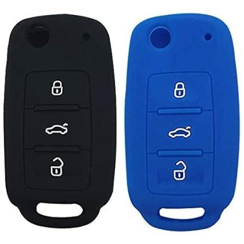 LemSa 2pcs Silicone 3 Buttons Flip Key Fob Cover Case Remote Keyless Entry Protector Holder Bag Compatible with VW Volkswagen Jetta GTI Passat Golf Tiguan Touareg Beetle, Black+Blue