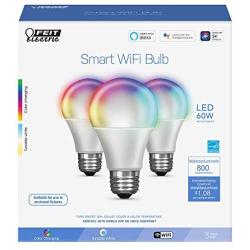 Feit Electric OM60/RGBW/CA/AG/3 60 Watt Equivalent WiFi Color Changing and Tunable White, Dimmable, No Hub Required, Alexa or Google Assistant A19 LED Smart Light Bulb, 3-Pack, Rgbw Multicolor