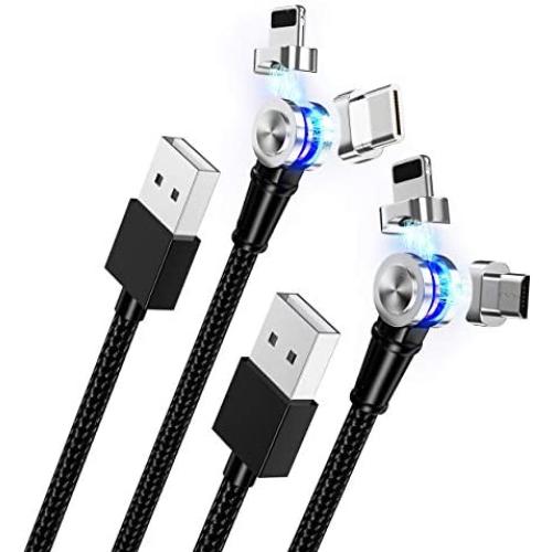 180 Degree Magnetic Cable, ZRSE Type C Rotate Double Charge Nylon Brained Charging Cable for i-Product & USB-C & Micro Devices, 3.3 Feet Black (2 Pack)