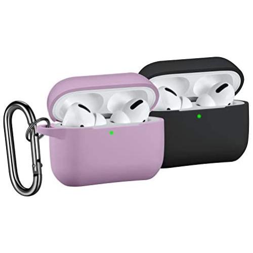 [2 Pack] SNBLK Designed for Airpods Pro Case Cover Silicone Protective Charging Case Skin with Keychain Compatible for Apple Airpods Pro 2019, (Front LED Visible) Black/Larvender