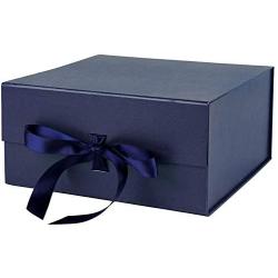 WRAPAHOLIC 2Pcs Navy Gift Box with Satin Ribbon, 8x8x4 Inches Collapsible Gift Box with Magnetic Closure for Party, Wedding, Gift Wrap, Bridesmaid Proposal, Storage