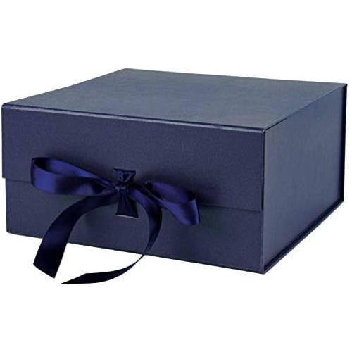 WRAPAHOLIC 2Pcs Navy Gift Box with Satin Ribbon, 8x8x4 Inches Collapsible Gift Box with Magnetic Closure for Party, Wedding, Gift Wrap, Bridesmaid Proposal, Storage