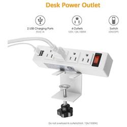 Desk Clamp Power Strip, Desktop Clamp Mount Power Outlet with 2 USB Ports, 4 AC Outlets, Mountable Desk Outlet Removable Power Plugs with 6.56ft Power Cord (4AC2USB-White)