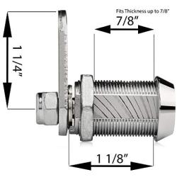 Tubular Cam Lock with 1 1/8'' Cylinder and Chrome Finish, Keyed Alike with 2 Keys, 1 1/4'' Cam and Offset Cam