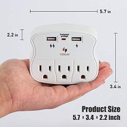 VERSAF Wall Outlet Adapter Surge Protector -2 USB Wall Charger Ports, 3 Plug Outlet Expanders,Slide Out Device Cradle,Protection Indicator Light,Compatible with Rechargeable Electronics,ETL Certified