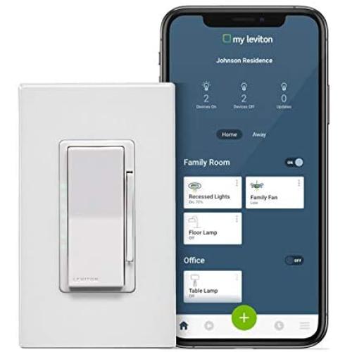 Leviton DW6HD-1BZ Decora Smart Wi-Fi 600W Universal LED/Incandescent Dimmer, Works with Amazon Alexa, No Hub Required, 1-Pack, White