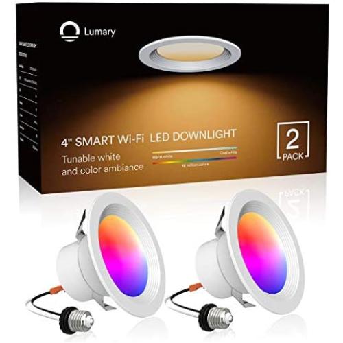 Smart LED Recessed Lighting 4 Inch, Lumary Wi-Fi LED Can Lights Dimmable 16 Million Colors LED Downlight Compatible with Alexa & Google Assistant 9W 2700K-6000K (2 Pack)