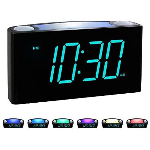 Rocam Digital Alarm Clock for Bedrooms - Large 6.5'' LED Display with Dimmer, Snooze, 7 Color Night Light, Easy to Set, USB Chargers, Battery Backup, 12/24 Hour for Kids, Boys, Heavy Sleepers(Blue)