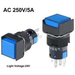 uxcell 5 Pcs 16mm Momentary Push Button Switch Blue LED Light Square Button 1 NO 1 NC Light 24V