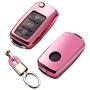 ROYALFOX(TM Luxury 2 3 Buttons Soft TPU flip Remote Key Fob case Cover for VW Volkswagen Jetta GTI Passat Golf Bora Polo Tiguan Touareg Beetle Multivan Sagitar Passat,Skoda Keychain (Pink)