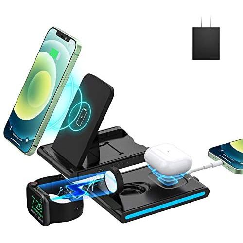 Wireless Charging Station, EVIGAL 4 in 1 Compatible with iPhone12, 12mini, 12Pro, 12Pro Max, 11, 11Pro, 11Pro Max, XS MAX, XS, X, 8, Detachable&Magnetic Stand for iWatch, AirPods(with QC3.0 Adapter)