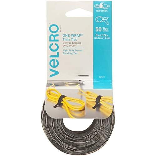 VELCRO Brand ONE WRAP Thin Ties | Strong & Reusable | Perfect for Fastening Wires & Organizing Cords | Black & Gray, 8 x 1/2-Inch | 25 Black + 25 Gray Ties