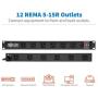 Tripp Lite RS1215-RA Rackmount Network-Grade PDU Power Strip, 12 Right Angle Outlets Wide-Spaced, 15A, 15ft Cord w/ 5-15P Plug,, Black