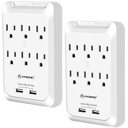 Kasonic 6-Outlet Wall Mount Surge Protector 2 Pack, 900 Joules Power Strip with 2 USB Smart Charging Ports (Total 2.4 Amp), Protection Indicator LED Light, Space Saving Design, ETL Certified