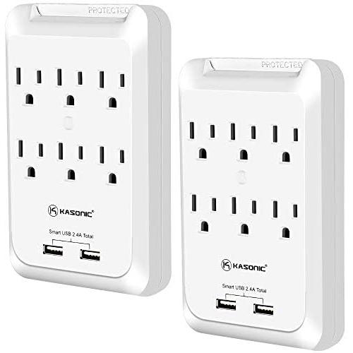 Kasonic 6-Outlet Wall Mount Surge Protector 2 Pack, 900 Joules Power Strip with 2 USB Smart Charging Ports (Total 2.4 Amp), Protection Indicator LED Light, Space Saving Design, ETL Certified