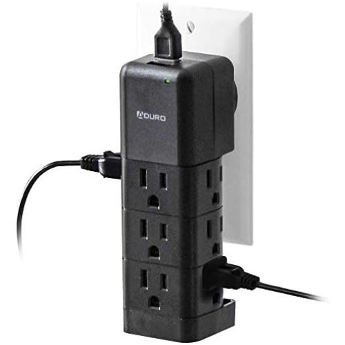 Aduro Surge Protector 9 Outlet Power Strip with USB (2 Ports 2.4A) Wall Mount Multiple Outlet Splitter Extender Adapter Black